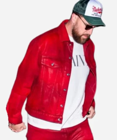 Travis Kelce NYC Date Night Red Denim Jacket