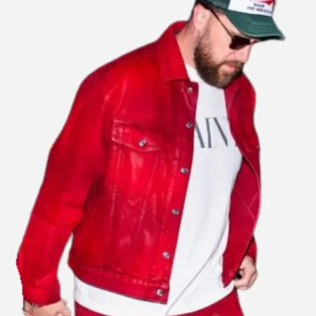 Travis Kelce NYC Date Night Red Denim Jacket