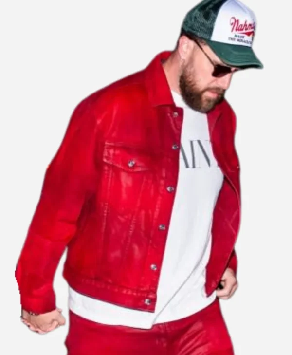 Travis Kelce NYC Date Night Red Denim Jacket