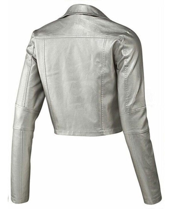 Women Biker Style Silver Leather Jacket back