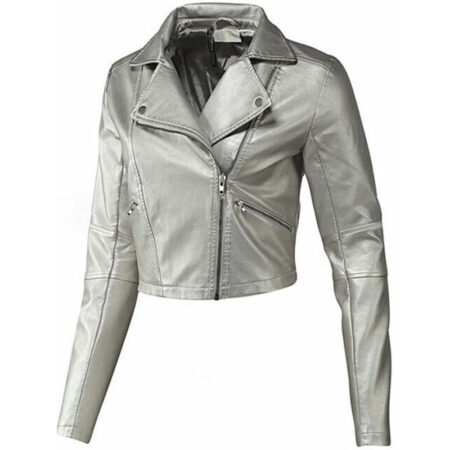 Women Biker Style Silver Leather Jacket front