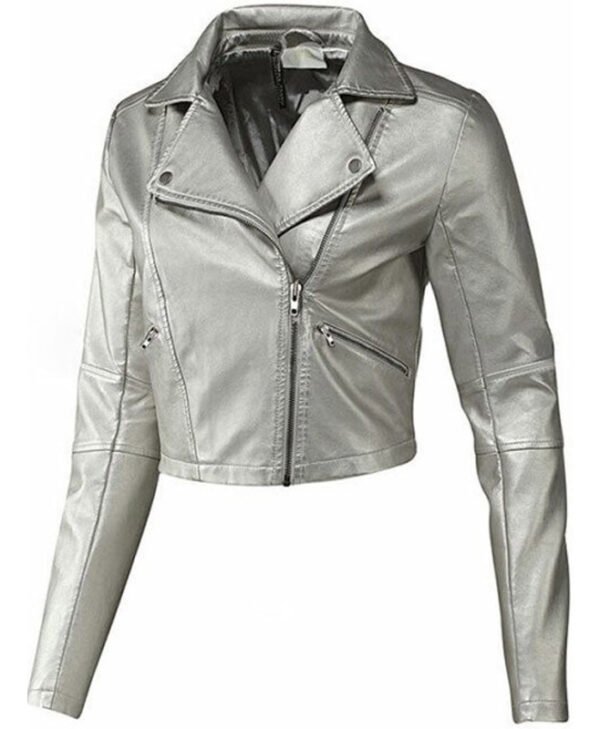 Women Biker Style Silver Leather Jacket front