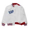 3 Supreme X Mitchell Ness White Satin Varsity Jacket scaled 1