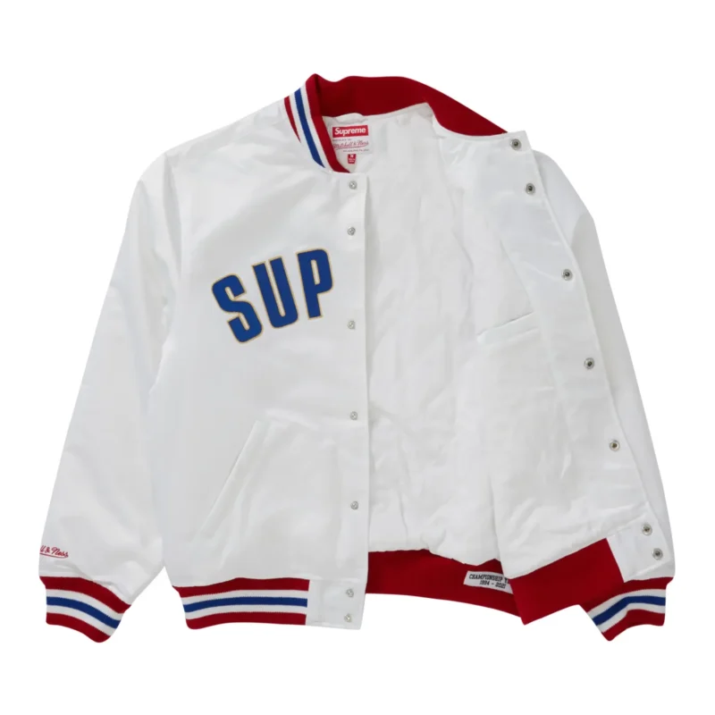 3 Supreme X Mitchell Ness White Satin Varsity Jacket scaled 1