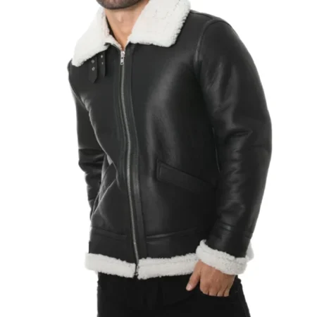 Black Leather Sheepskin B3 Bomber Jacket Side
