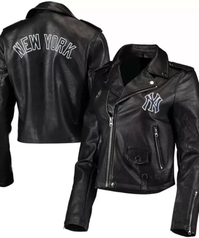 Black New York Yankees Moto Full Zip Leather Jacket