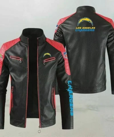 Black Red Los Angeles Chargers Block Leather Jacket