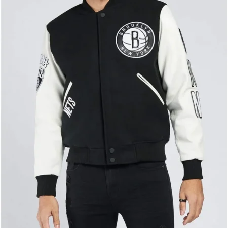 Brooklyn Nets Logo Black and White Letterman Jacket