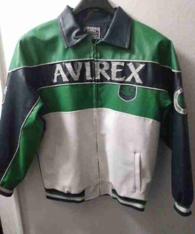 Color Block Green Leather Bomber Jacket