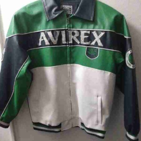 Color Block Green Leather Bomber Jacket