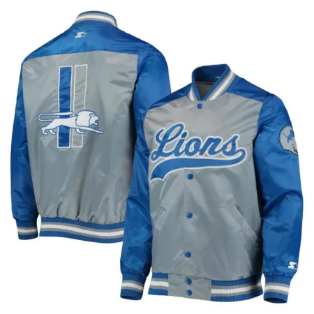 Detroit Lions The Tradition II Grey and Blue Varsity Satin Jacket