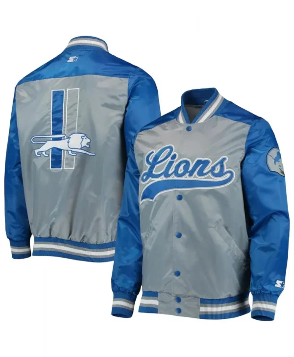 Detroit Lions The Tradition II Grey and Blue Varsity Satin Jacket