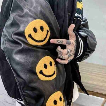 Furry Smiley Patchwork Varsity Bomber Black Jacket