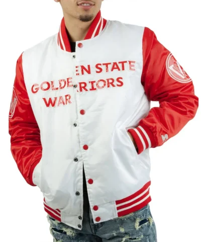 Golden State Warriors White and Red Satin Jacket