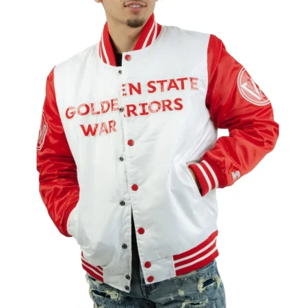 Golden State Warriors White and Red Satin Jacket