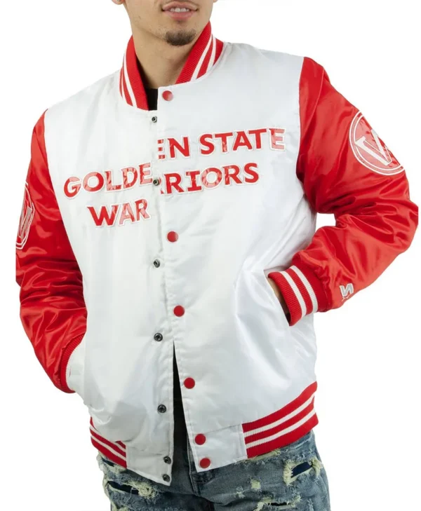 Golden State Warriors White and Red Satin Jacket