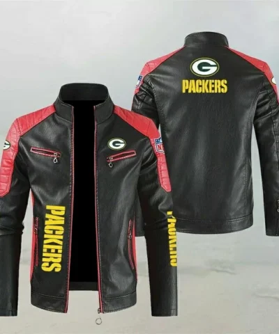 Green Bay Packers Block Red Black Leather Jacket