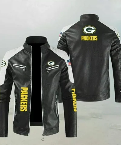 Green Bay Packers Block White Black Leather Jacket