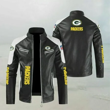 Green Bay Packers Block White Black Leather Jacket