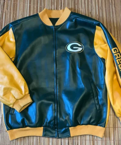 Green Bay Packers Green And Yellow Leather Jacket scaled 1