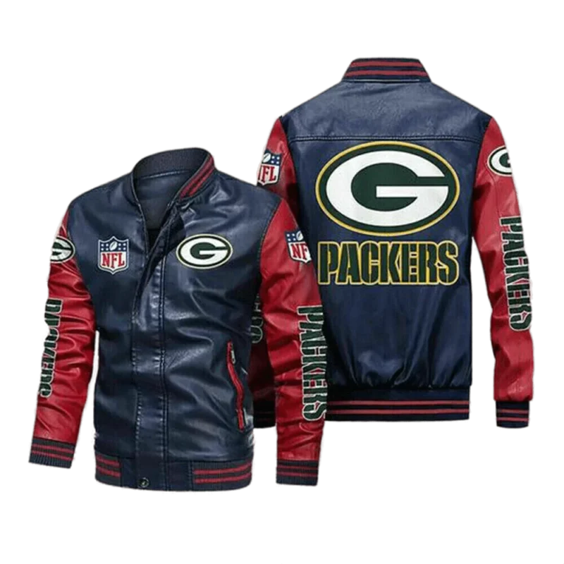 Green Bay Packers Navy Red Bomber Leather Jacket