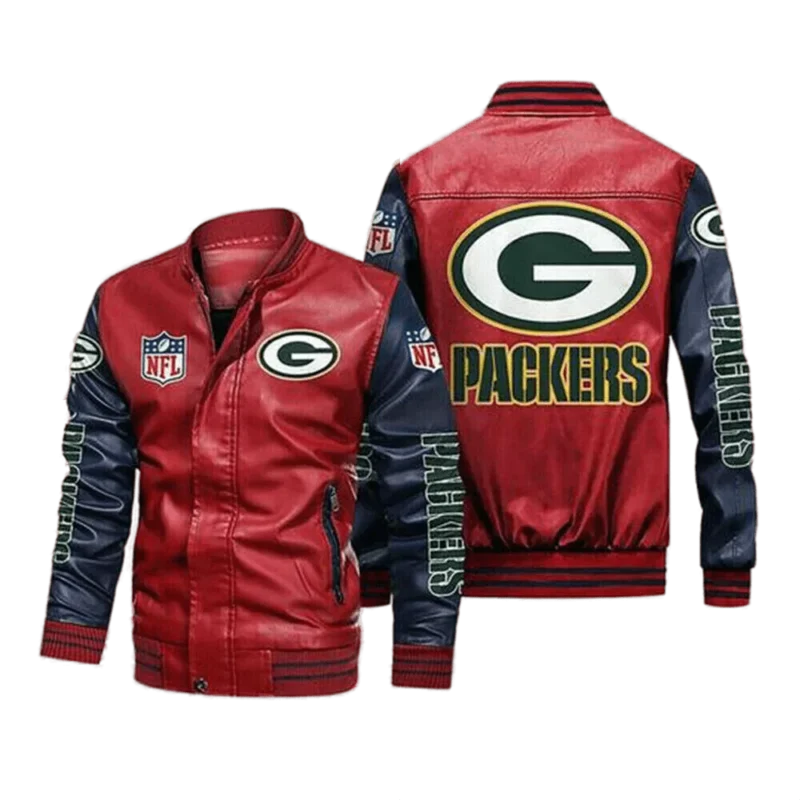 Green Bay Packers Red Navy Bomber Leather Jacket