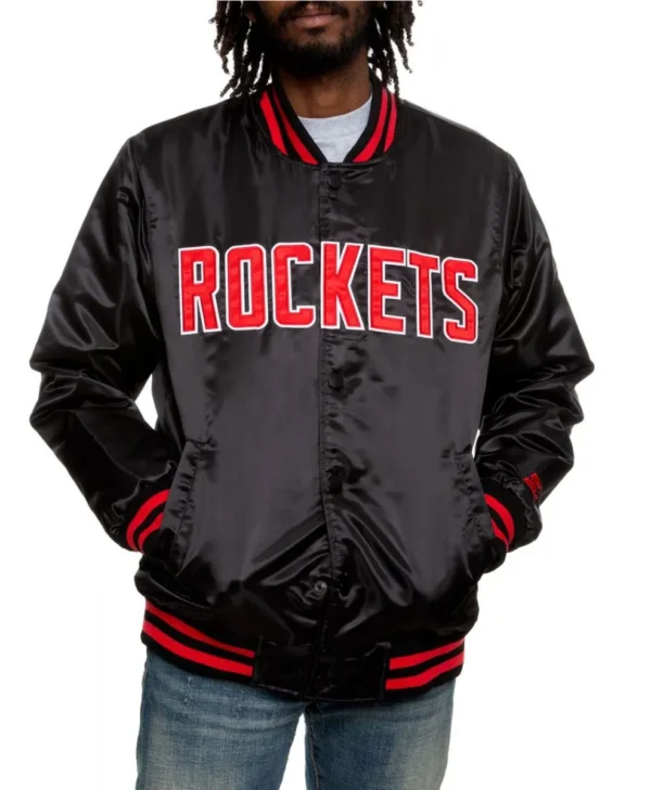 Houston Rockets Satin Bomber Black Jacket