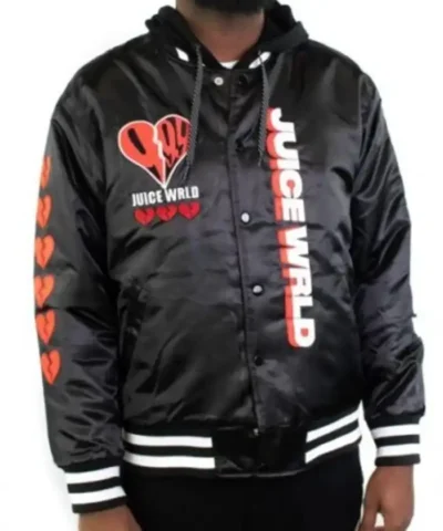 Juice Wrld Black Bomber 999 Letterman Black Jacket With Hood