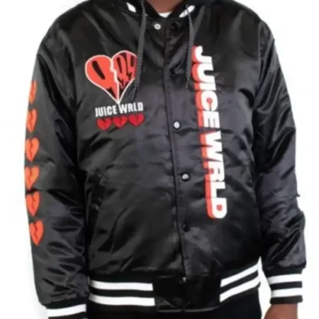 Juice Wrld Black Bomber 999 Letterman Black Jacket With Hood
