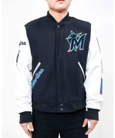 Letterman Miami Marlins Navy Blue and White Jacket