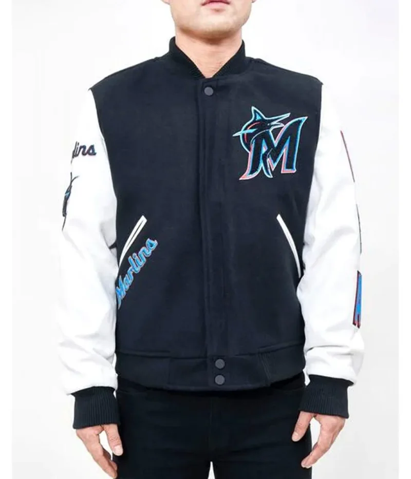 Letterman Miami Marlins Navy Blue and White Jacket