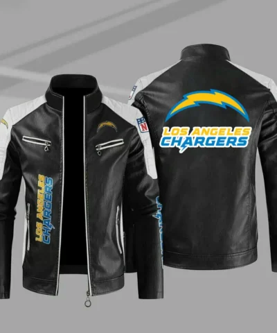 Los Angeles Chargers Color Block Black Leather Jacket