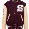 Maroon And Beige Varsity Wool and Leather Jacket