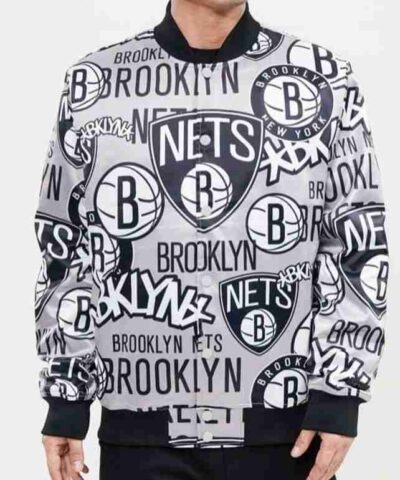 Mens Brooklyn Nets Collage Satin Jacket