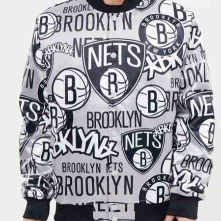 Mens Brooklyn Nets Collage Satin Jacket