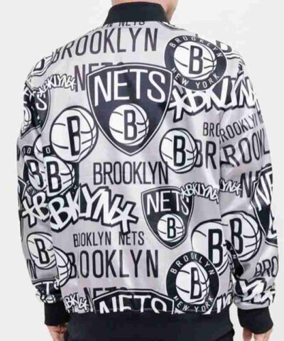 Mens Brooklyn Nets Collage Satin White Jacket
