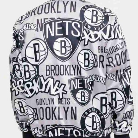 Mens Brooklyn Nets Collage Satin White Jacket