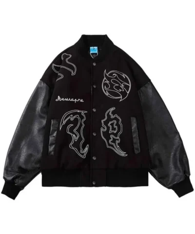 Mens Embroidered Hip Hop Black Wool Varsity Jacket