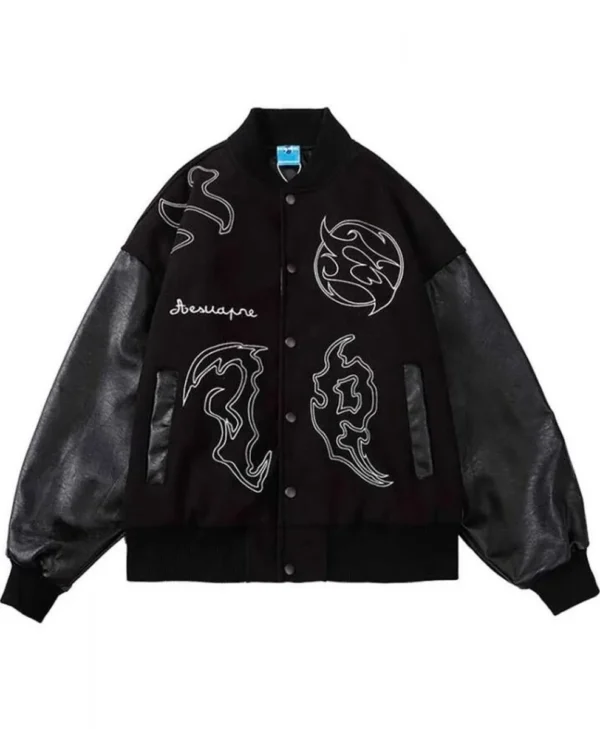 Mens Embroidered Hip Hop Black Wool Varsity Jacket