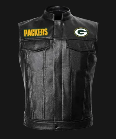 NFL Team Green Bay Packers Black Leather Vest
