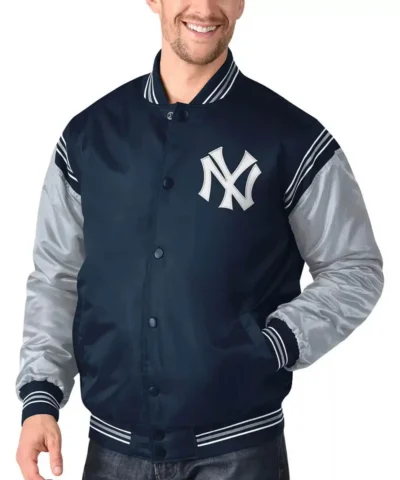 Navy Gray New York Yankees Varsity Satin Jacket