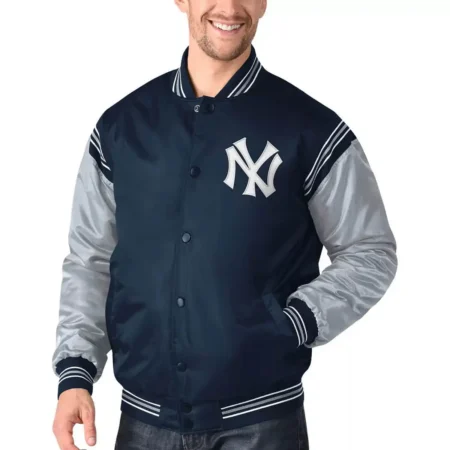 Navy Gray New York Yankees Varsity Satin Jacket
