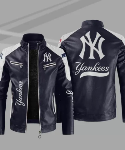New York Yankees Block Blue White MLB Leather Jacket