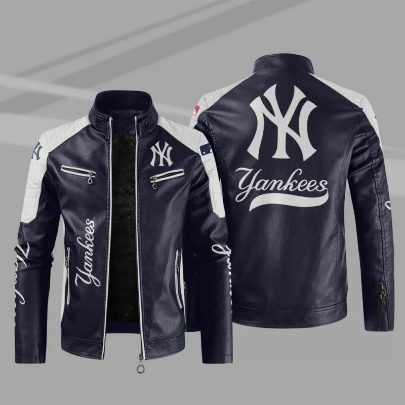 New York Yankees Block Blue White MLB Leather Jacket
