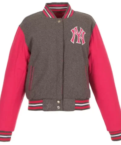 New York Yankees Pink Gray Wool Snap Varsity Jacket
