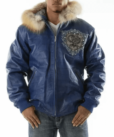 Pelle Pelle Blue PP Crest Fur Hood Leather Jacket