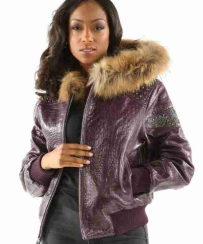 Pelle Pelle Fur Hooded Purple Leather Jacket