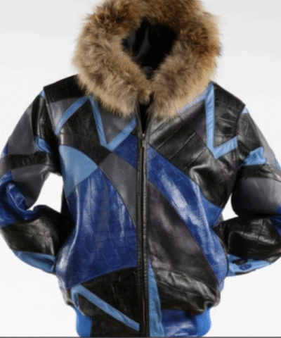 Pelle Pelle Mens Abstract Fur Hooded Blue Jacket