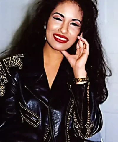 Selena Quintanilla Biker Vegan Studded Leather Black Jacket