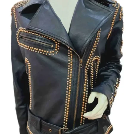 Selena Quintanilla Biker Vegan Studded Leather Black Jacket For Sale